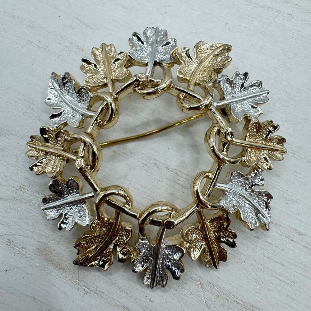 SARAH COVENTRY Vtg Leaf “garland” Brooch Wreath Gold Silver Mixed Metal Tones